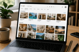 Google Images collections interface displayed on a laptop for organising saved visual inspiration and creative ideas.