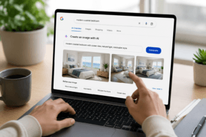 Google Search displaying AI-powered image generation from a text prompt on a laptop screen.