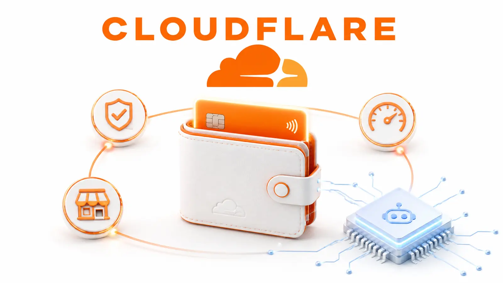 Cloudflare Wallets with an AI agent chip and programmable payment controls on a white background