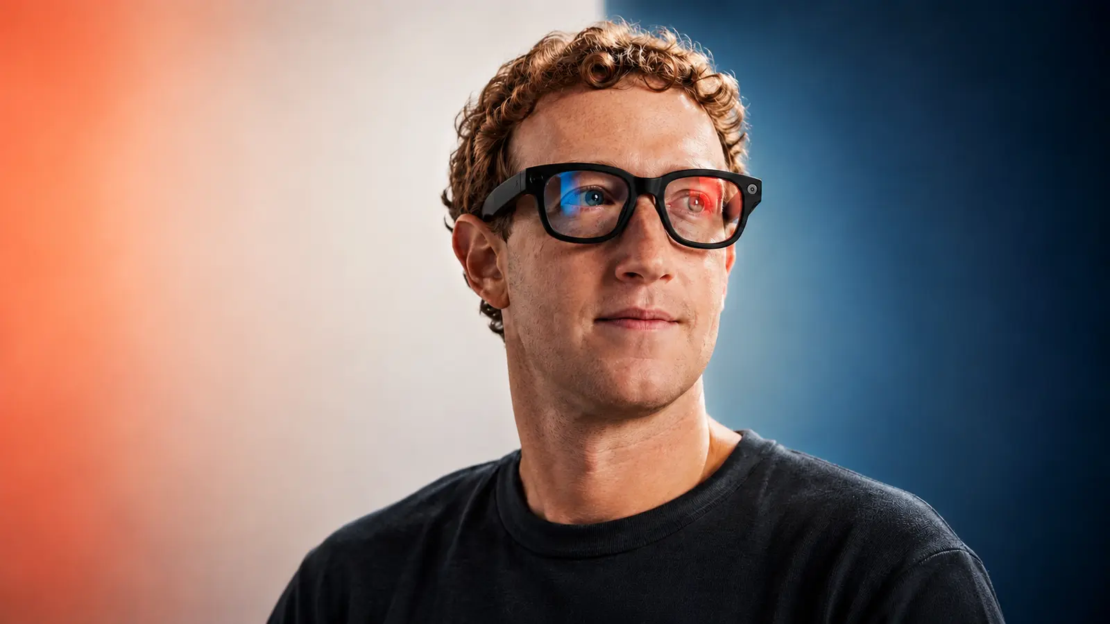 Editorial illustration of Mark Zuckerberg wearing black smart glasses against a coral and navy background.