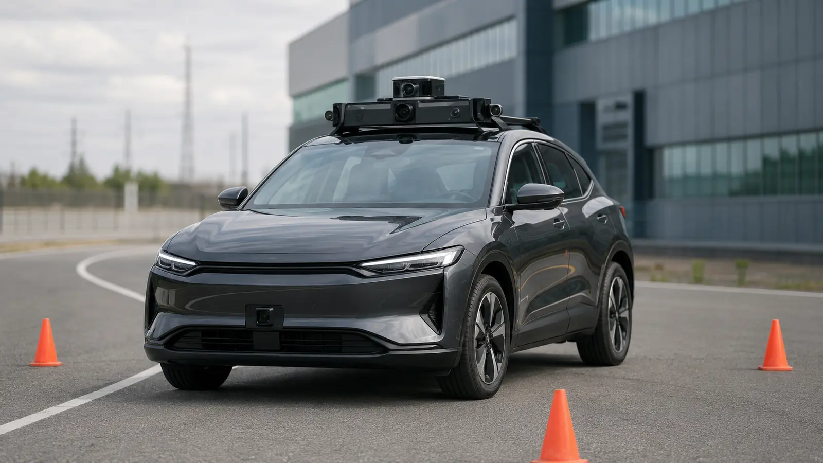 Unbranded autonomous test vehicle with a multi-camera roof rig at a controlled automotive research facility.