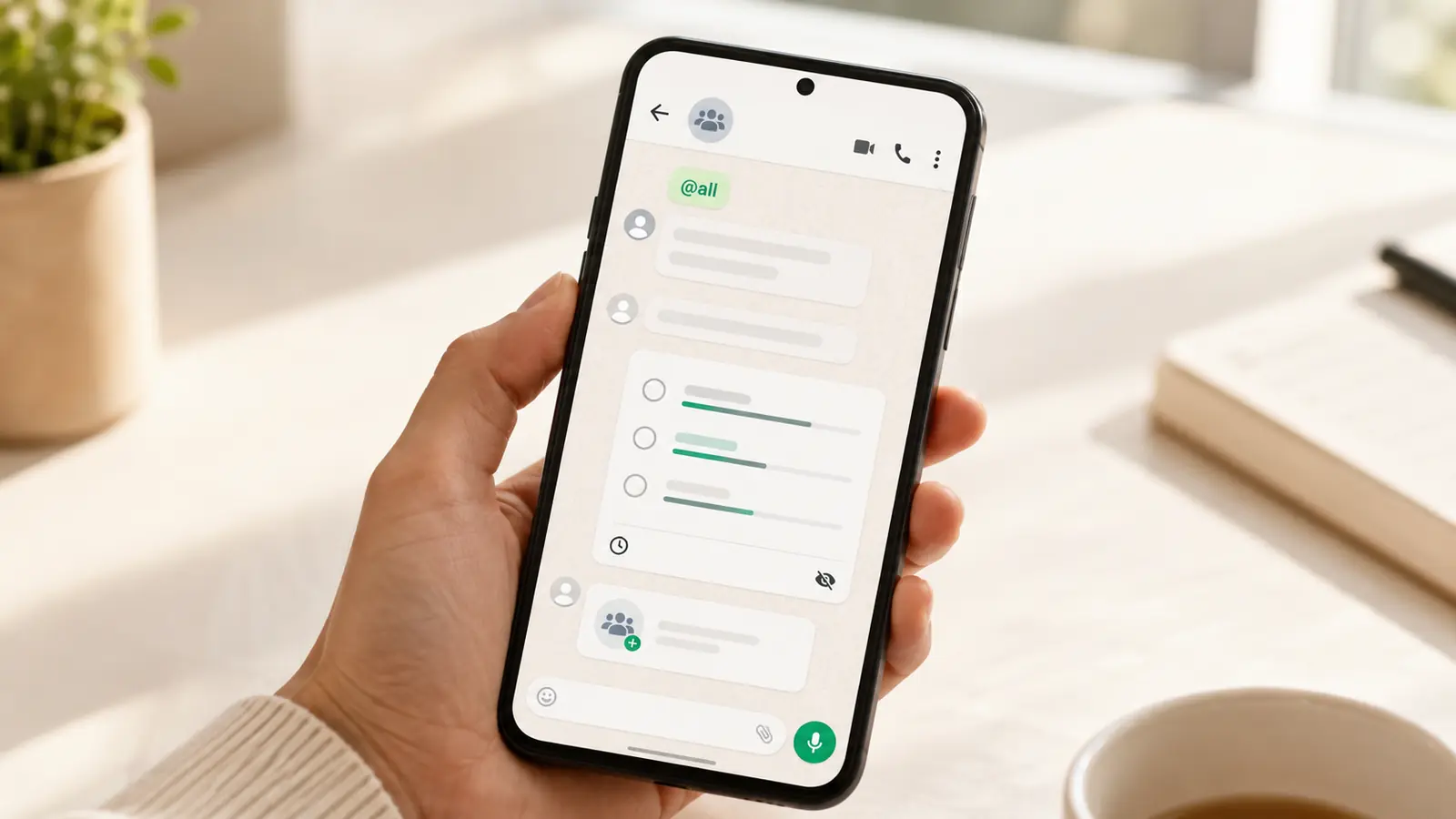A person holding a smartphone displaying an @all group alert, anonymous poll controls, a deadline icon, and a related-group shortcut.
