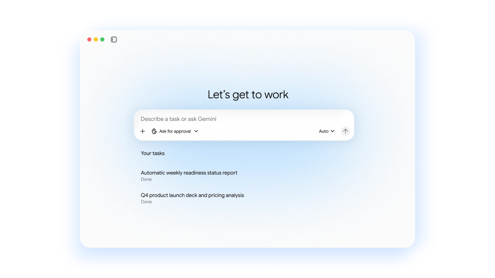 Google’s Gemini work-agent interface with a task prompt and background task list.