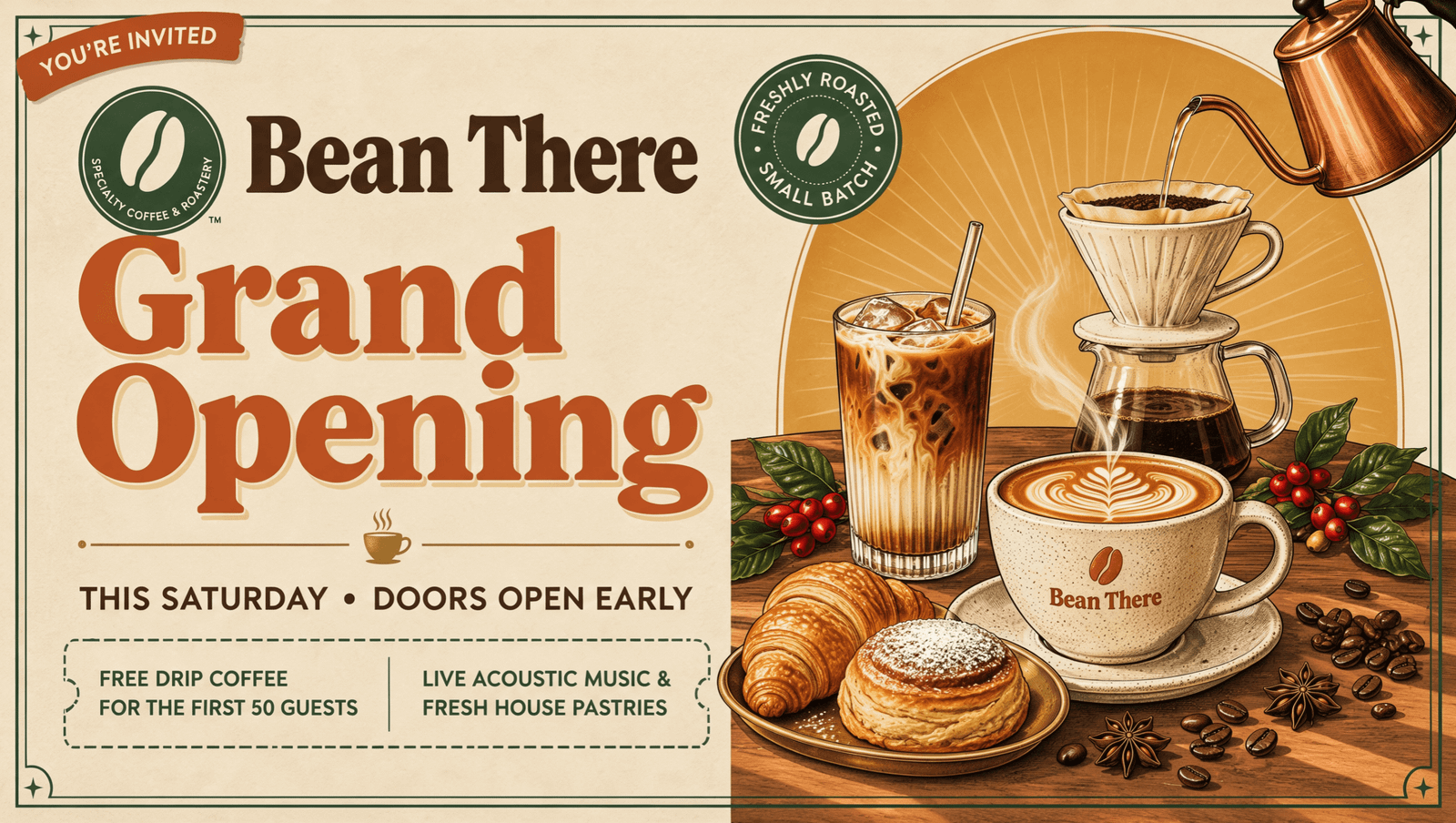 Coffee shop grand opening poster generated by Canva Craft in InfoSeely's test