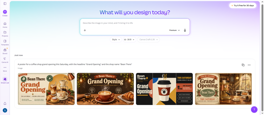 Canva Dream Lab showing four Craft posters generated from one coffee shop prompt