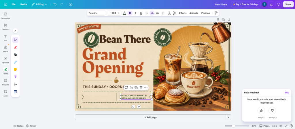 Canva poster after Magic Layers with the date changed to Sunday and one offer deleted