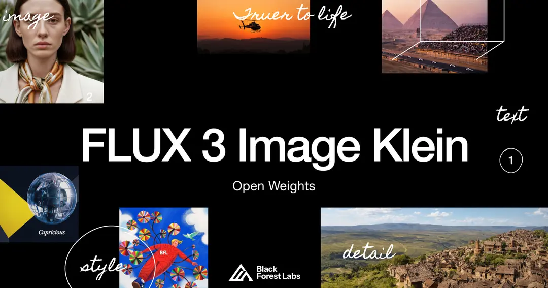 Black Forest Labs launch graphic for FLUX 3 Image Klein with sample images generated by the model