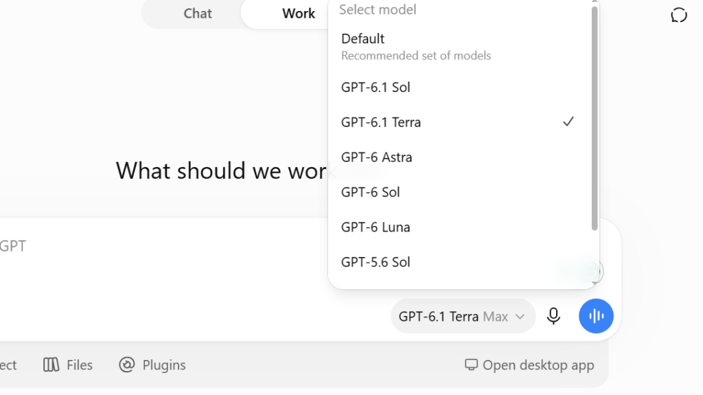 ChatGPT Work model picker with GPT-6.1 Terra selected
