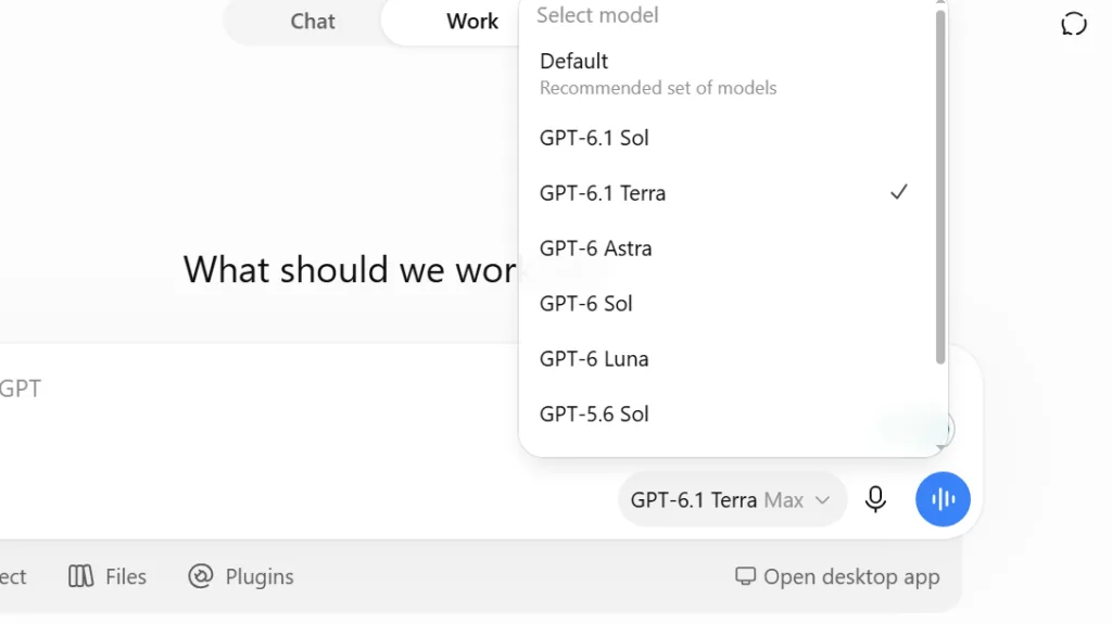 ChatGPT Work model picker with GPT-6.1 Terra selected