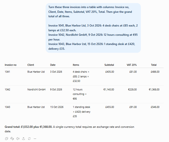 GPT-6.1 Terra turns three invoices into a table and keeps pounds and euros separate