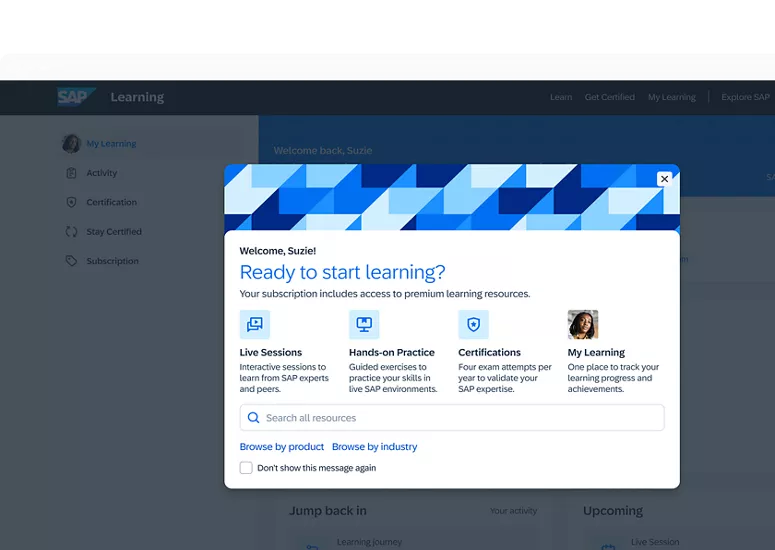 SAP Learning Hub welcome screen listing live sessions, hands-on practice and certification exam attempts