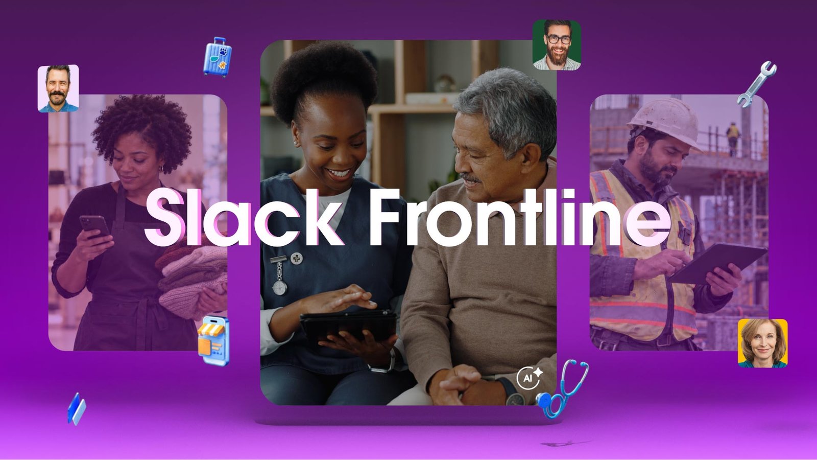Slack Frontline promotional montage of retail, healthcare and construction workers