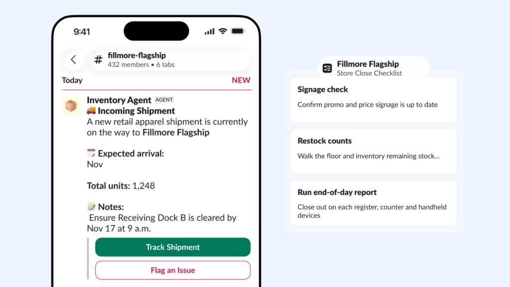 Slack retail channel showing an inventory agent message beside a closing checklist